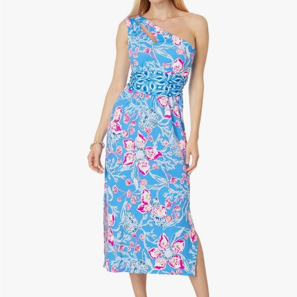 Lilly Pulitzer Blue One-Shoulder Floral Midi Dress with Pink Accents